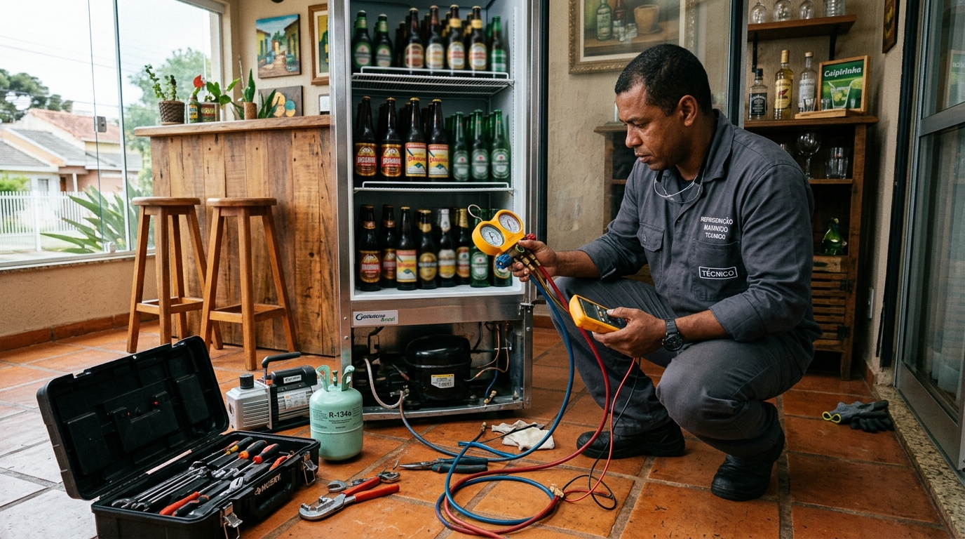 Profissional executando reparo no motor de cervejeira em São Luís‑MA