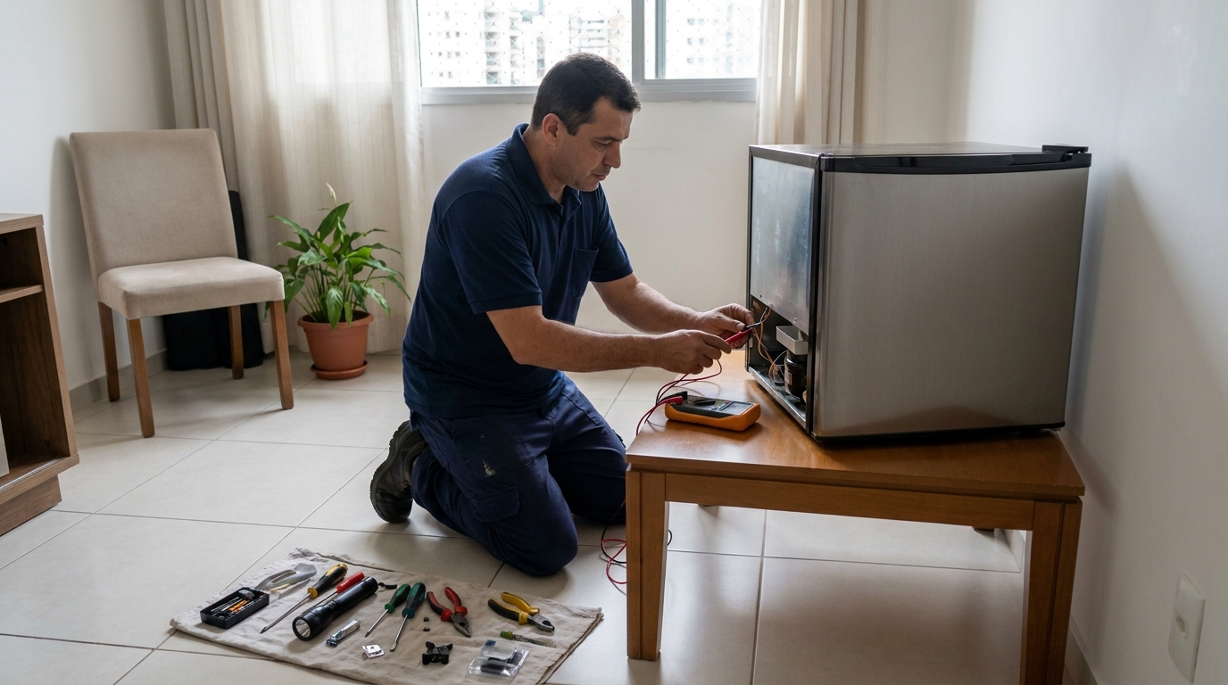 Técnico fazendo manutenção do motor de frigobar em São Luís‑MA